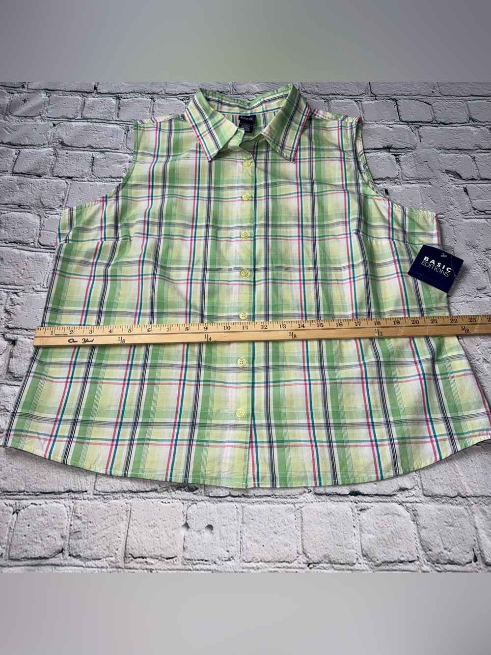 Basic Editions 00s Sleeveless Plaid Button-Front Top Light Green Plaid Size XL - Picture 7 of 9